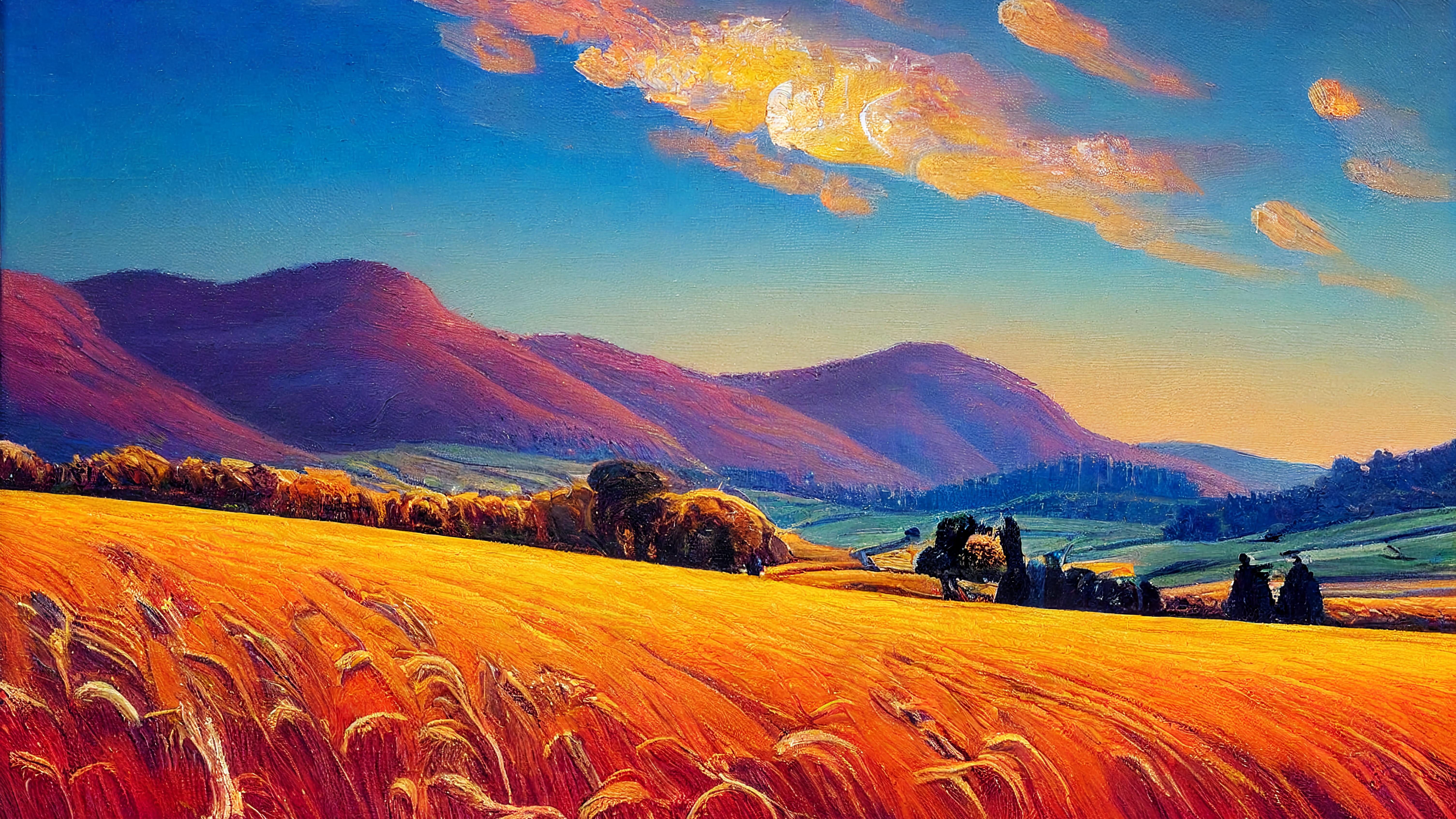 Goldene Weizenfelder vor sanften, violetten Hügeln unter einem leuchtenden Himmel bei Sonnenuntergang.
